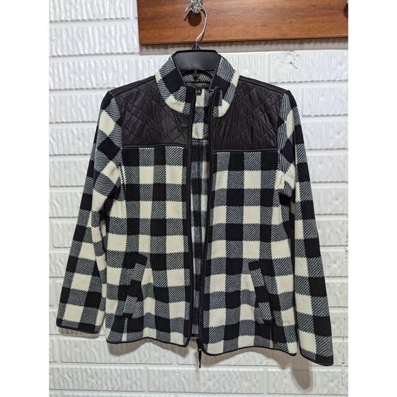 Talbots Women's Black & White Buffalo Plaid Pattern Front-Zip Fleece Jacket Size - Picture 1 of 7